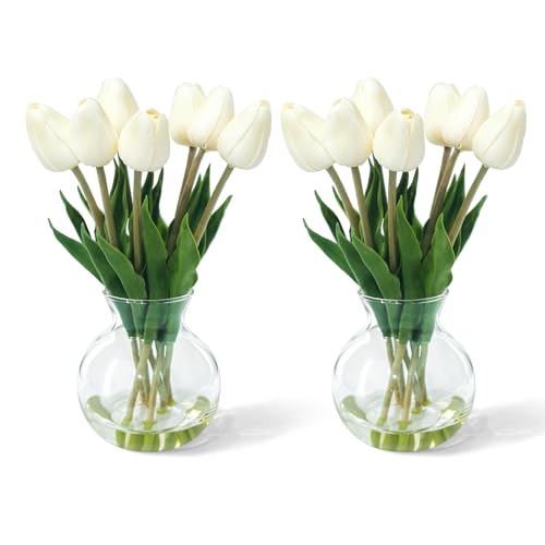 Realistic Fake Flowers Artificial Tulip Arrangement with Glass Vase, Adjustable Stems, for Home Living Room Table Office Wedding Decoration（Pinkish-White） - color: Pinkish-white
