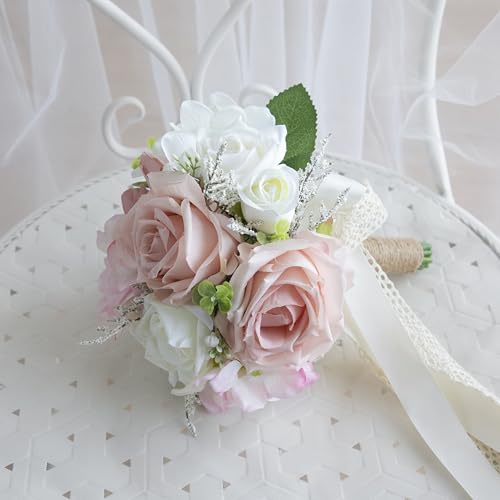 Wedding Bouquets for Bride Bridesmaid, Artificial Dusty Rose Bride Flower Bouquet for Wedding Church Decoration Ceremony, Anniversary, etc, Roses Flowers - color: Dusty Rose & Blush & White
