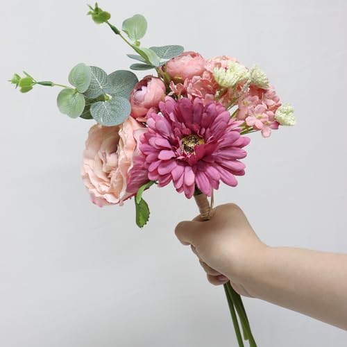Zerzsy Artificial Flowers Bouquets, 4PCS Mixed Pink Artificial Peonies,Fake Flower Holding Flowers Wedding Bouquet for Bride Spring Home Desk Decor - color: Pink-4, size: 1 Bouquet