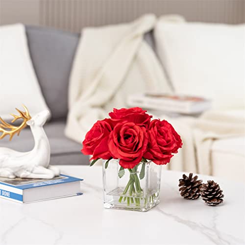 Red Roses Silk Flowers in Vase with Fake Water, Artificial Rose with Vase for Home Decor Indoor, Wedding Table (Red) - color: Red