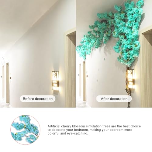 Artificial Cherry Blossom Trees - Fake Flower Background Walls with Simulated Branch and Rattan Design - for Indoor Ceiling Air Conditioning Pipe Ornamental(Blue) - color: Blue
