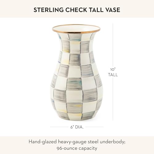 MACKENZIE-CHILDS Tall Enamel Vase, Unique Flower-Vase Decor for Living Room, Gray-and-White Sterling Check - color: Sterling Check