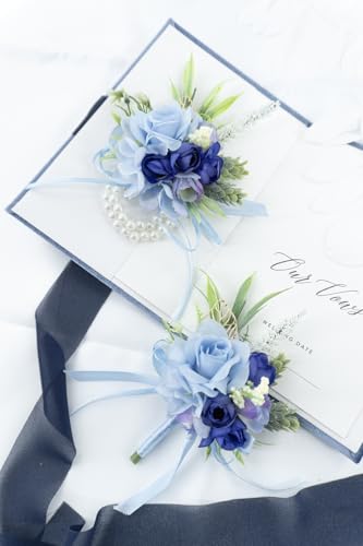 2 Pcs Wrist Corsage and Boutonniere Set, Blue Corsage for Wedding, Boutonniere for Men Artificial Rose Flower Wristlet Bracelet Prom Ceremony Anniversary Accessories Decor Suit - color: Blue