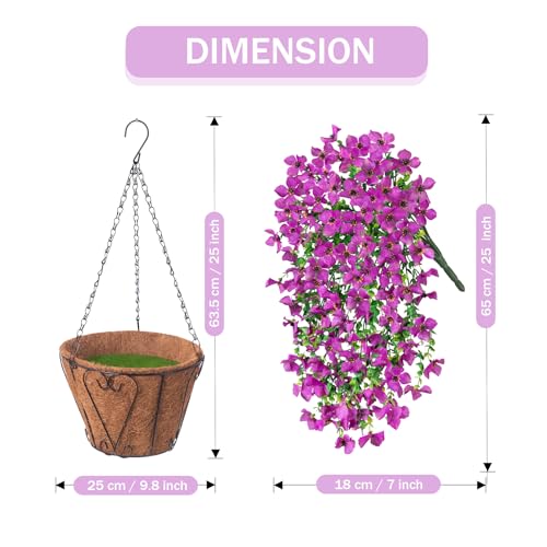 INXUGAO Artificial Hanging Flowers Plants with Basket for Outdoors, Realistic Faux Silk Daisy Flower Eucalyptus for Spring Decor, UV Resistant Fake Plants for Porch Patio Yard Balcony, Purple - color: A-purple