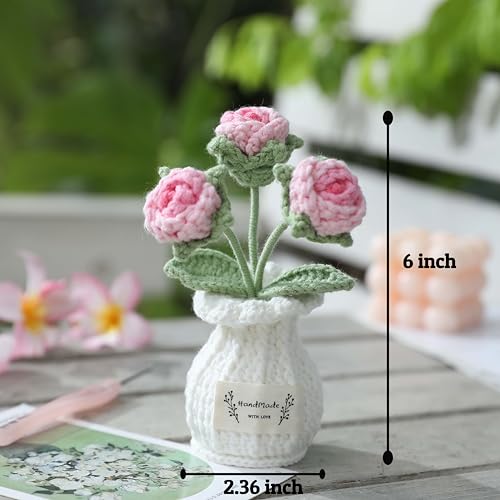 Crochet Rose Flower Potted Plant – Pink, for Her, Handmade Knitted Romantic Desk Decor - color: D-rose-pink