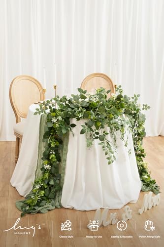 Ling's Moment 9FT Flower Garland for Backdrop Decorations - Wedding Arch Flowers, Eucalyptus & Rose, Artificial Floral Garland for Mantle - Sweetheart Table Decor for Beach Reception, Green - color: Grn-sage Green