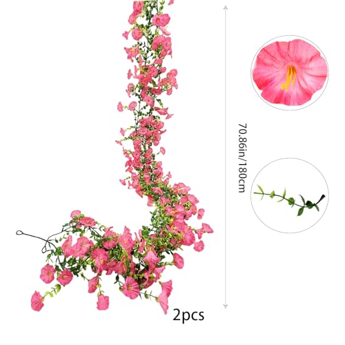 Artificial Flowers Garland 2PCS Pink Artificial Silk Morning Glory Vine Artificial Flowers Hanging Eucalyptus Garland for Wall Fence Arch UV Protected Indoor Outdoor Decor - color: Pink