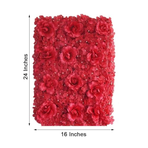 Efavormart 4 Pack Red 3D Silk Rose and Hydrangea Flower Wall Panels - 11 Sq. Ft. UV Protected Artificial Floral Backdrop Mat for Wedding, Party Photography, Nursery Wall & DIY Decor - color: Red