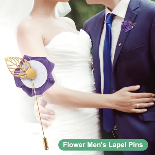 M METERXITY 1-Pack Flower Lapel Pins for Men, Golden Leaf Rose Boutonnieres Pin Groom Boutonnieres for Wedding/Dance/Party, Men Lapel Pins for Suits Satin Flower Corsage [Purple] - color: Purple