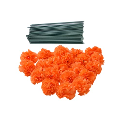 Rikyo 50 Orange Artificial Silk Carnation with Stems,Marigold Flower Heads,Vase Fillers,Flower Heads for Diwali Home Decor Day of The Dead Wreath Garland Cake Ornaments,3" Petals Heads - color: Orange