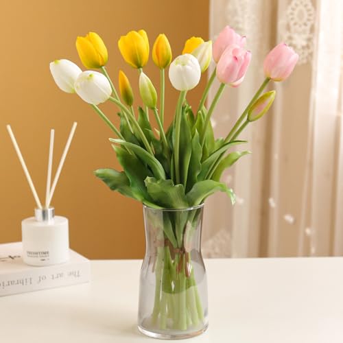Fake Tulips Real Touch Artificial Flower Bouquet Faux Latex Tulips Flowers for Home Table Party Wedding Decoration 10 Pcs (White) - color: White
