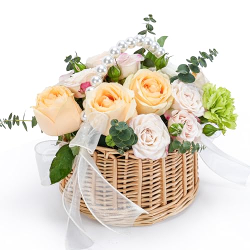Flower Girl Basket, Wicker Rattan Wedding Flower Basket with Pearl Handle, Lace Bows and Lining, Handwoven Rustic Elegant Small Basket for Wedding Party Home Garden Decoration Outdoor Picnic