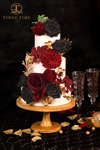 TINGE TIME Rose Artificial Flowers Combo, Gradient Color Faux Foam Roses with Stems for DIY Wedding Bridal Shower Party Table Centerpieces Fake Floral Arrangement Home Decor (Gothic Black & Red) - color: Gothic Black and Red