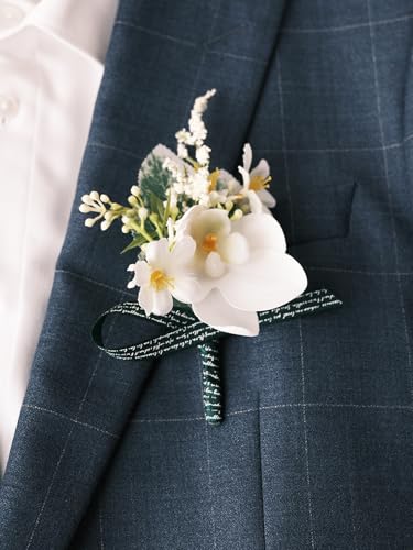 White Rose Wrist Corsage and Boutonniere Set with Ribbon Ties Wedding Prom Formal Accessories (White Style 2) - color: White Style 2