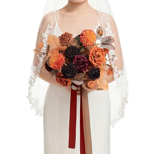 Ling's moment Burnt Orange and Burgundy Wedding Bouquets for Bride, Red Bridal Bouquets for Bride, 13 Inch Free Form Artificial Wedding Flower Bouquet - color: Red-burnt Orange & Burgundy, size: Small 13 Inch