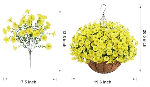 Artificial Hanging Flowers with Basket for Outdoors, UV Resistant Faux Silk Morning Glory with Eucalyptus Realistic Fake Hanging Plants for Spring Summer Outside Decor (Yellow) - color: Yellow