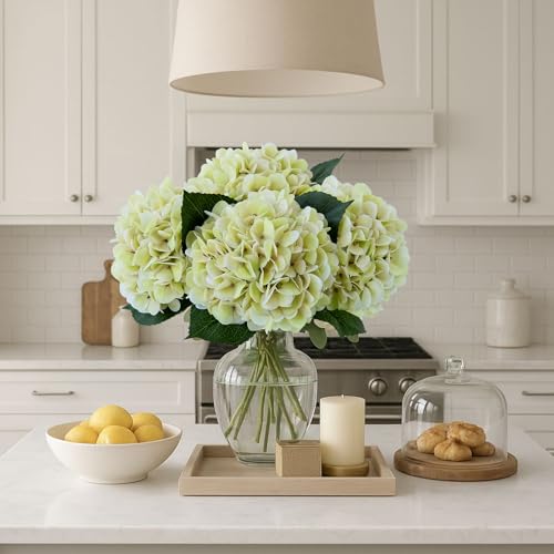ZYTUYO 3PCS Ivory Green Hydrangea Artificial Flowers 20" Large Fake Latex Real Touch Hydrangeas Flowers with Stems Faux Silk Bouquet for Indoor Home Decor Table Wedding Party Floral Outdoor - color: Ivory Green