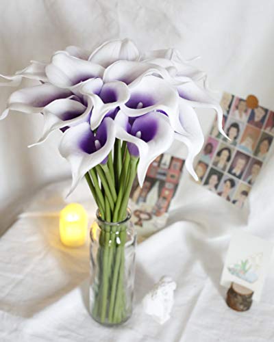 DuHouse 20Pcs Calla Lily Artificial Real Touch Latex Flowers Fake Wedding Bouquet Home Wedding Party Decor (Purple White) - color: Purple White, size: 20pcs