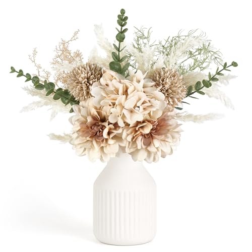 Mkono Small Artificial Flowers in Ceramic Vase Centerpieces Coffee Table Decor, Silk Flower Arrangements for Home Decor Indoor Fake Flower Bouquet for Bathroom Dining Room Kitchen (Brown, Medium) - color: Brown, size: Medium