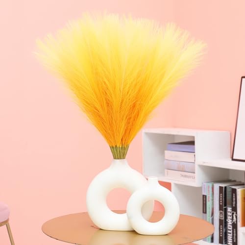 Ureymx Faux Pampas Grass Decor 17.7 Inch 30pcs, Pompas Grass Flower Arrangement and Vase Filler Artificial Pampas Grass Short Decor for Boho Home Wedding Decoration (Gradient Yellow) - color: Gradient Yellow, size: 17 Inch 30 Pcs