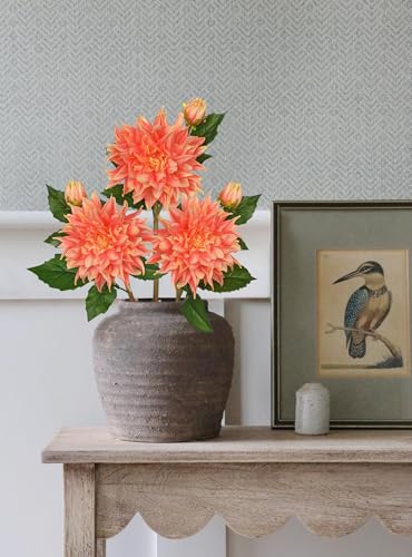 Artificial Dahlia Flowers – Set of 3 | 27.9" Tall Real-Touch Silk Dahlia Stems with Large 6.1" Blooms | Lifelike Peach Faux Flowers for Home Decor, Wedding, Centerpieces & Floral Arrangements - color: Peach