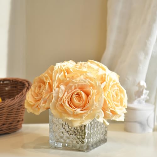 Artificial Rose in Glass Vase Vintage Silk Flower Arrangement with LED Light for Table Centerpiece Home Wedding Decoration (Champagne) - color: Champagne