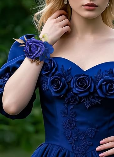 Blue Boutonniere and Cosrage Set - 2 Pcs Artificial Flowers Wrist Corsage and Boutonniere Kit for Wedding Prom Dinner Party, Boutonniere and Corsage Wristlet for Groom Bride Anniversary Ceremony - color: Blue