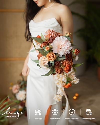 Ling's moment Artificial Flowers Fake Silk Dahlia Faux Foam Roses Combo for DIY Wedding Bouquets Centerpieces Arrangements Bridal Shower Party Home Decorations, Amber & Terracotta, 23pcs - color: Or-amber & Terracotta