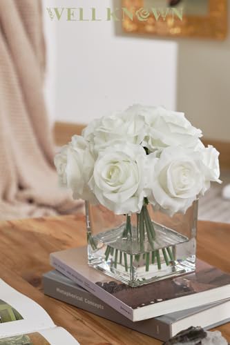 WELL KNOWN Rose Artificial Flowers in Vase with Faux Water, Ivory White Silk Rose Table Centerpieces for Home Coffee Table Decor, Fake Roses Flower Arrangements for Office Hotel Lavatory Decor - color: Ivory