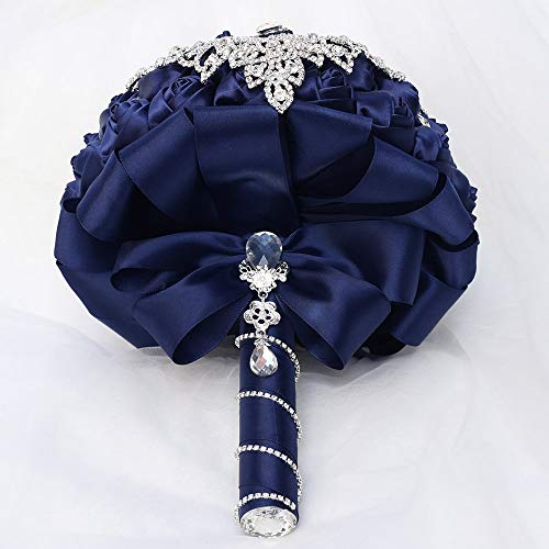 Handmade Luxury Wedding Bridal Bouquet Large Silk Rose Holding Toss Artificial Flowers Bouquets with Satin Ribbon Pearls Rhinestone for Bride Vintage Royal Wedding Bouquet (Navy Blue) - color: Navyblue