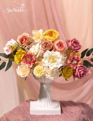 Yellow Pink Flowers Artificial Roses Combo Set Fake Pink Silk Flowers Faux Peony Flowers Mix Dahlia with Stems for Wedding Bouquets Baby Bridal Shower Party Floral Arrangements Decor - color: Pink Yellow, size: The Modern Classic