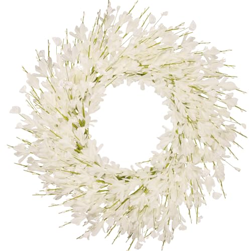 24 Inch Artificial White Forsythia Flower Wreath, Silk & Paper Bridal Floral Wreath for Front Door, Elegant Winter Wedding & Spring Summer Decor, All Season Farmhouse Porch Wall Decor - color: White