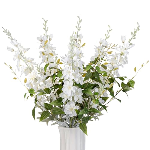 10 pcs Artificial Delphinium Flowers with Clematis Greenery, White Fake Larkspur Flowers & Clematis Leaves for Tall Vase, Wedding Arch Bouquet Floral Arrangement Home Party Table Centerpiece - color: White+green, size: 33.86 inch