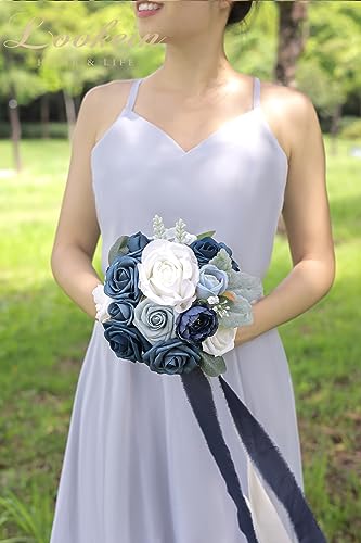 Lookein 7 Inch Wedding Bouquet Artificial Flowers Bouquet Bridesmaid Bouquet Bridal Bouquet Tossing Bouquet for Wedding Ceremony Bridal Shower, Classic Navy Blue - color: 7" Classic Navy Blue