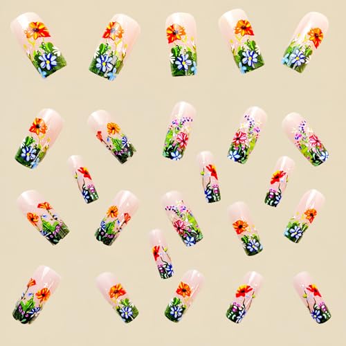Flower MIXFOSAHN Press on Nails Medium Square Fake Nails Color False Nails with Flowers Cluster Designs Glossy Full Cover Stick on Nails Glue on Nails Spring Acrylic Nails for Women Girls 24 Pcs - color: Flower Square14