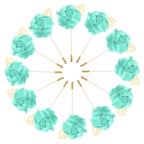 M METERXITY 12-Pack Flower Lapel Pins for Men, Golden Leaf Rose Boutonnieres Pin for Wedding/Dance/Party, Mens Lapel Pins for Suits Satin Flower Corsage Hat Pins [Light Green] - color: Light Green