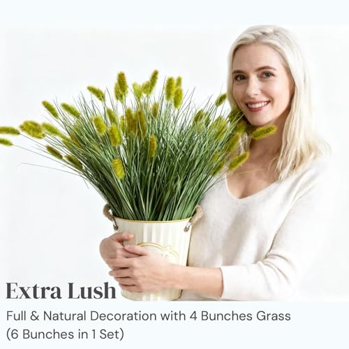 24 inches Extra Lush Artificial Reed Grass (6pcs), Luxury Fake Plants with 13 Heads Dogtail Flower, Luxury Faux Greenery with Dogtail for Garden Porch and Home Decor (Green-13) - color: Green-13, size: 24 inches