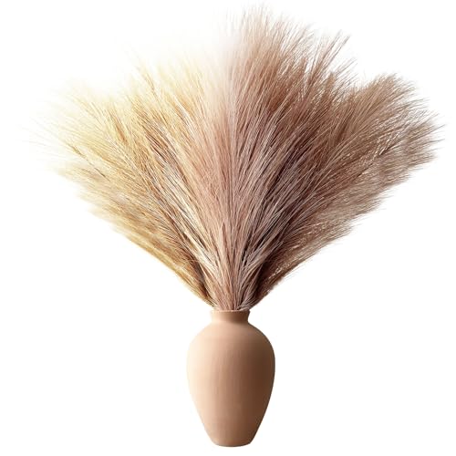 Pampas Grass Decor, Fluffy Faux Pampas Grass 6 Stem 18"/45cm Pompous Grass Small Flower Arrangement and Vase Filler for Boho Home Wedding Decoration - color: Beige& Light Curry& Brown Curry