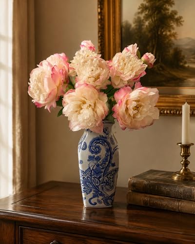 4 Pcs Silk Peonies Artificial Flowers Bulk Faux Peony Bouquet Fake Flower for Wedding Bridal Shower Centerpieces DIY Floral Arrangements Home Party Decorations (White-Pink) - color: White-pink