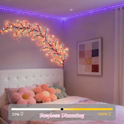 7.55 FT 144 LED Cherry Blossom Tree Branch Lights for Wall,8 Modes Artificial Pink Cherry Blossom Garland with Remote and Timer,Willow Vine Lights (144 LED Three-Color Cherry Blossom) - color: 144 LED Three-Color Cherry Blossom