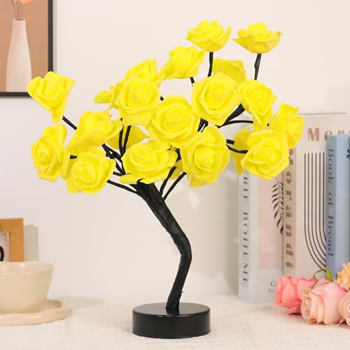 Drawelry Rose Flower Tree Lamp - LED Rose Tree Table Lamp USB/Battery Powered Artificial Bonsai Flower Night Light for Bedroom Living Room Party Wedding Birthday Decor (Yellow) - color: Yellow