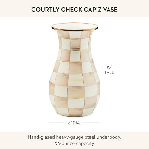 MACKENZIE-CHILDS Tall Enamel Checkered Vase, Unique Flower Vase, Brown-and-White Mocha Check, Steel, 6" L x 6" W x 12" H - color: Mocha Check