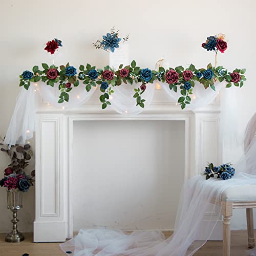 PONATIA 5FT Handcrafted Artificial Rose Flower Garland, Burgundy Flower Garland for Wedding Ceremony Garlands Backdrop Arch Flowers, Ceremony Reception Table Decorations (Burgundy & Navy) - color: Burgundy Navy