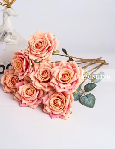 PONKING 3.1"(8cm) Manta Rose Artificial Flower 7pcs Realistic Faux Silk Roses Fake Flowers Bouquets Arrangements Decor for Wedding Spring Mother's Day, Home Table Decorations, Orange Flower - color: B 7pcs Orange Rose
