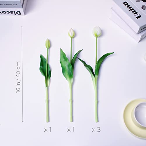 16-inch Premium Real Touch Fake Tulips, Artificial Flowers with Buds, Flexible Stem Easy to Shape, Faux Tulips (Vase not Included), 5-Pack Set of Peppermint White - color: Peppermint White