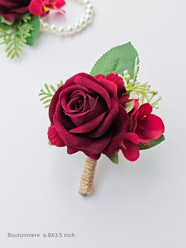 Burgundy Rose Corsage and Boutonniere Set Wristlet Corsage for Bride Bridesmaids, Boutonniere for Groom Groomsmen Prom Wedding Flowers Accessories,Homecoming, Anniversary, Graduation (Burgundy) - color: Burgundy