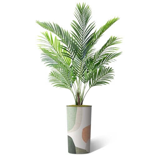 Artificial Tree in Multicolor Textured Geometric Shapes Illustrations Planter, Fake Areca Tropical Palm Silk Tree for Indoor and Outdoor Home Decoration - 66" Overall Tall (Plant Pot Plus Tree) - style: Areca Palm Tree