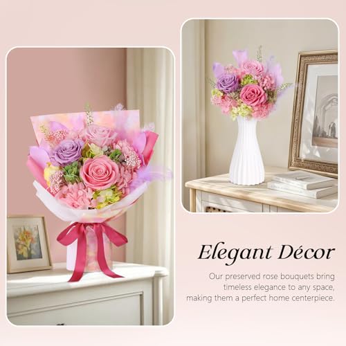 Preserved Flowers Bouquet 3 Roses - Pink Real Rose & Flowers for Delivery, Eternal Roses Bouquet with Gift Box, Anniversary Birthday Valentine Gifts for Women Mom Grandma Her Wife Girlfriend - color: Pink