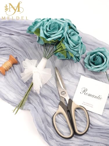 Artificial Flowers 25 Pack Dark Teal Faux Foam Roses with Stems, Real Looking Fake Rose for DIY Wedding Bouquets, Bridal Shower Centerpieces, Party Table Decorations, Home Decor - color: Dark Teal, size: 25Pcs
