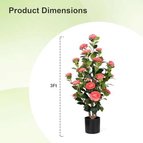 Romantic Season 2Pack Artificial Camellia Tree 3FT, Pink Faux Camellia Plant Fake Potted Camellia Flower Tree Plastic Camellia Tree for Modern Home Office Living Room Floor Décor Indoor - color: Pink, size: 3FT